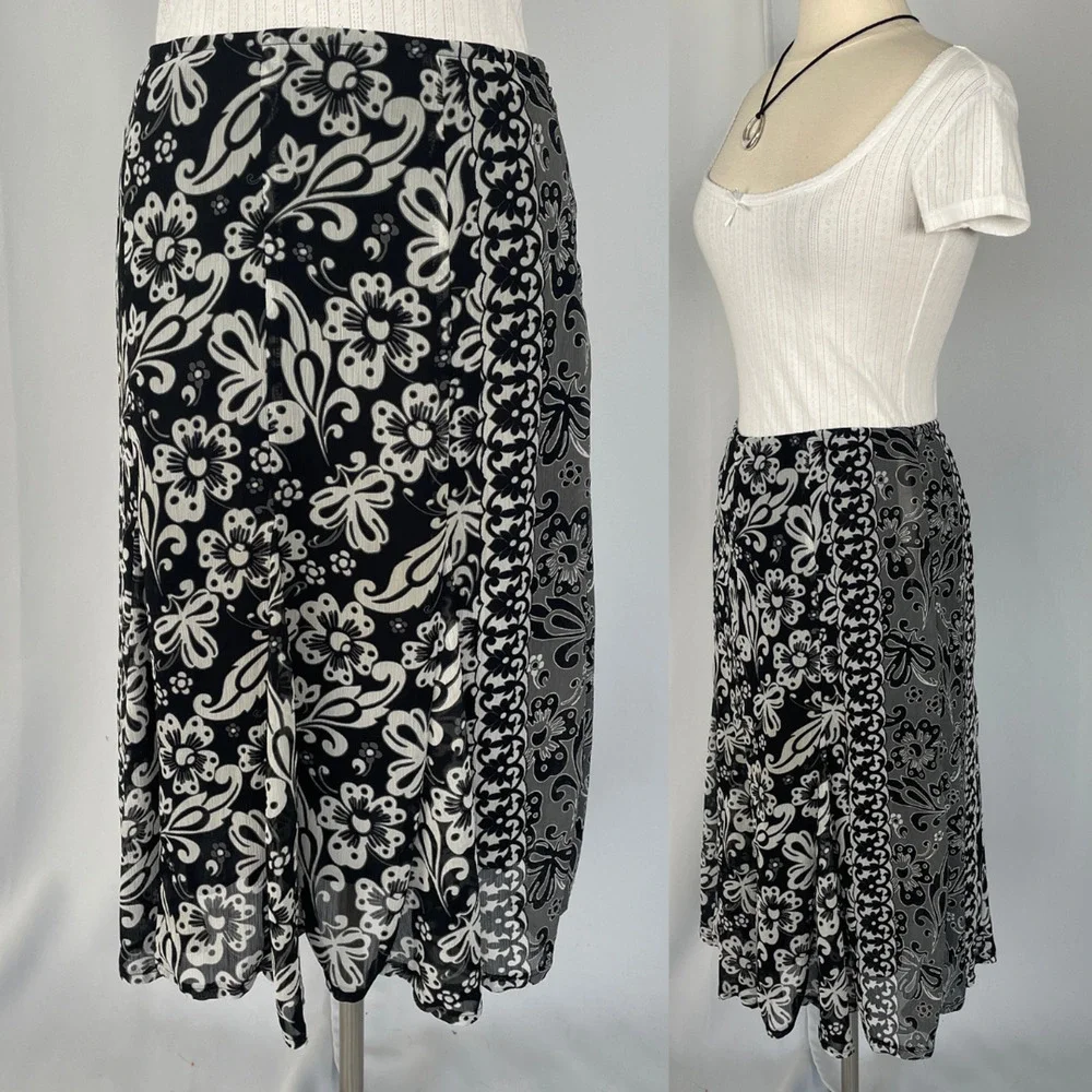 Y2K Midi Skirt Size 12 Black Gray Floral Boho Flare Chiffon Fairy Whimsigoth Vtg